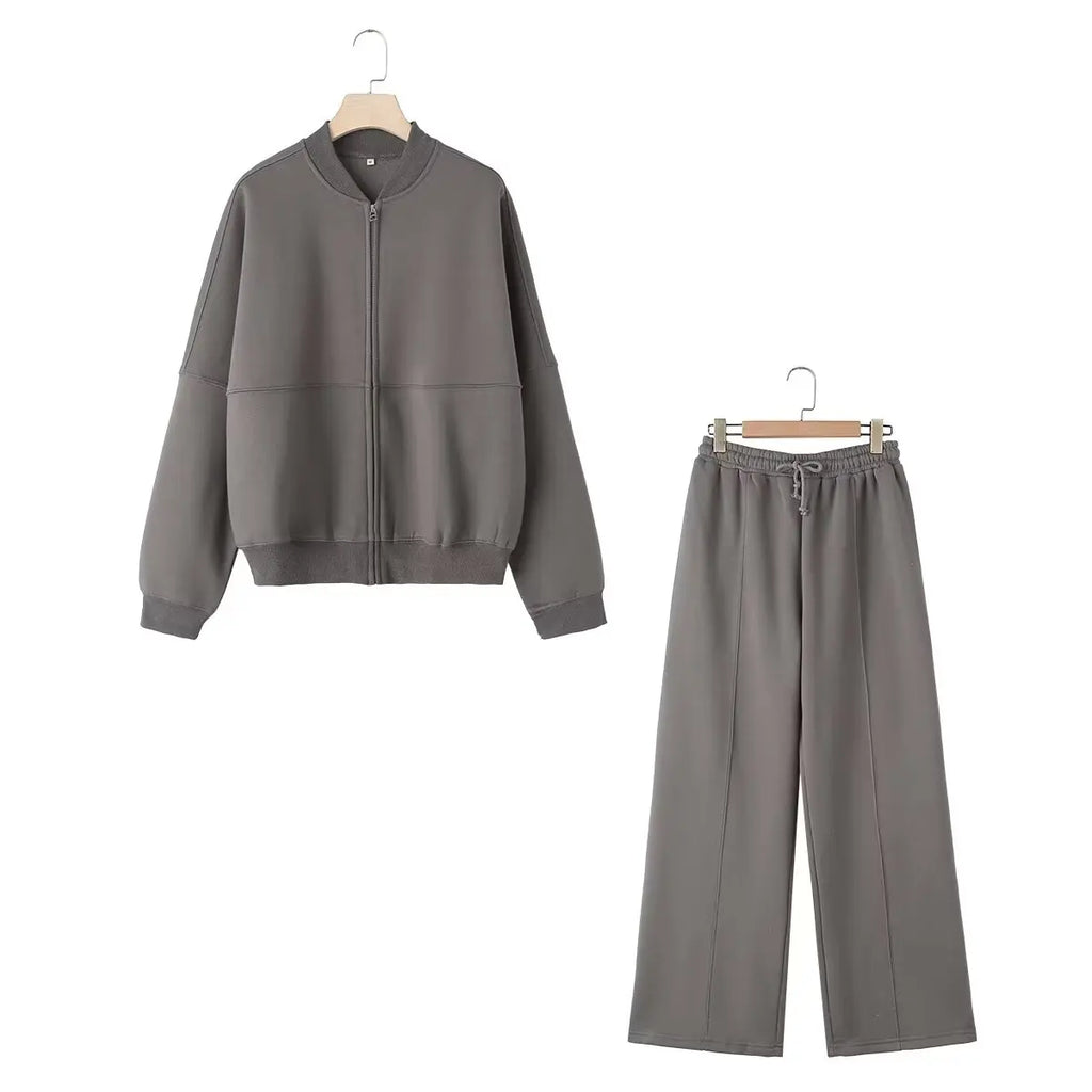 HH Damen Herbst 2-teilig Retro Einfarbig Reißverschluss Bomberjacke Sweatshirt+High Waist Schnürung Damen Weite Hosen Streetwear