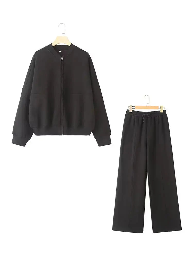 HH Damen Herbst 2-teilig Retro Einfarbig Reißverschluss Bomberjacke Sweatshirt+High Waist Schnürung Damen Weite Hosen Streetwear