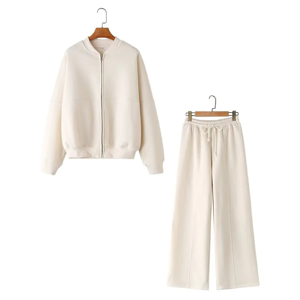 HH Damen Herbst 2-teilig Retro Einfarbig Reißverschluss Bomberjacke Sweatshirt+High Waist Schnürung Damen Weite Hosen Streetwear